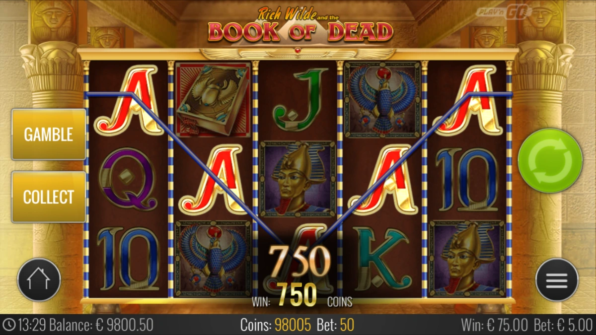 Book of Dead slot game winning 750 coins