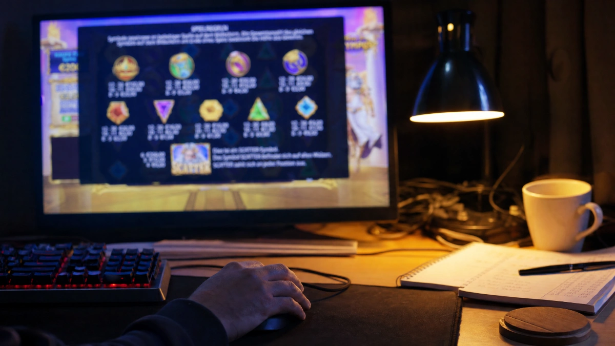 Person playing online slot game on desktop computer at night