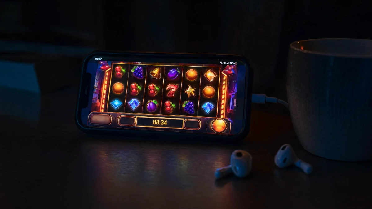 Mobile phone displaying colourful slot machine game with earbuds